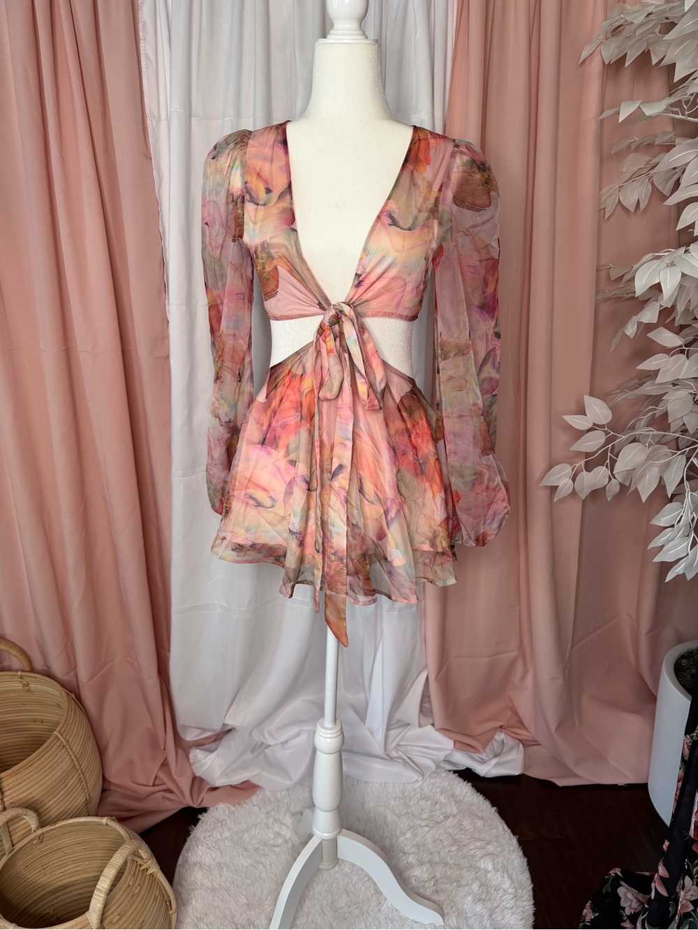 SHEIN Pink Peach Watercolor Floral Ruffle Romper